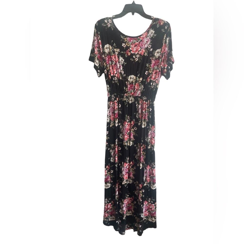 Black Floral Maxi Dress Womens XL Surplice V Neck Short Sleeve Front Slit Flowy - Picture 2 of 9